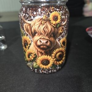 Sunflower Highland Cow Art Jar